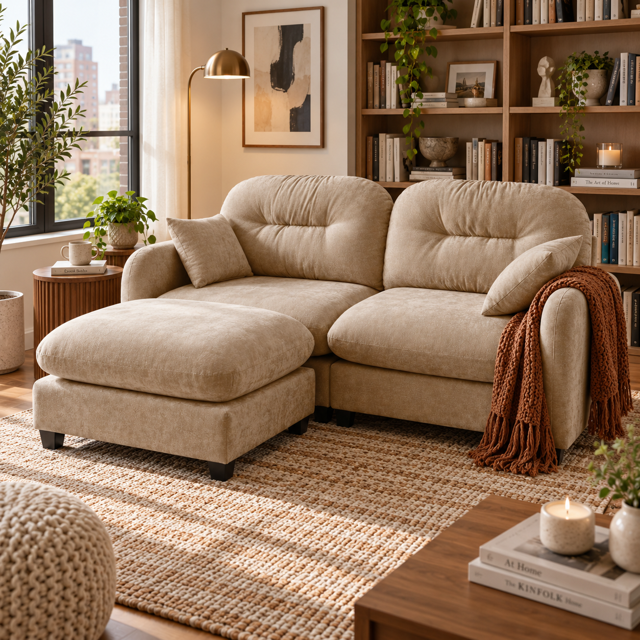 Roselyn 74" Modular Chenille Cloud L-Shaped Sectional Sofa with Ottoman