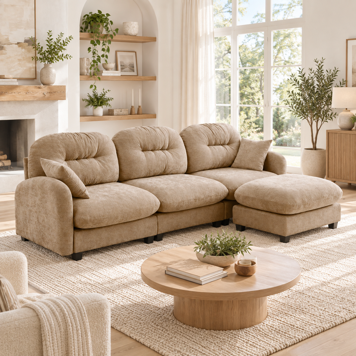 Roselyn 107" Modular Chenille Cloud L-Shaped Sectional Sofa with Ottoman