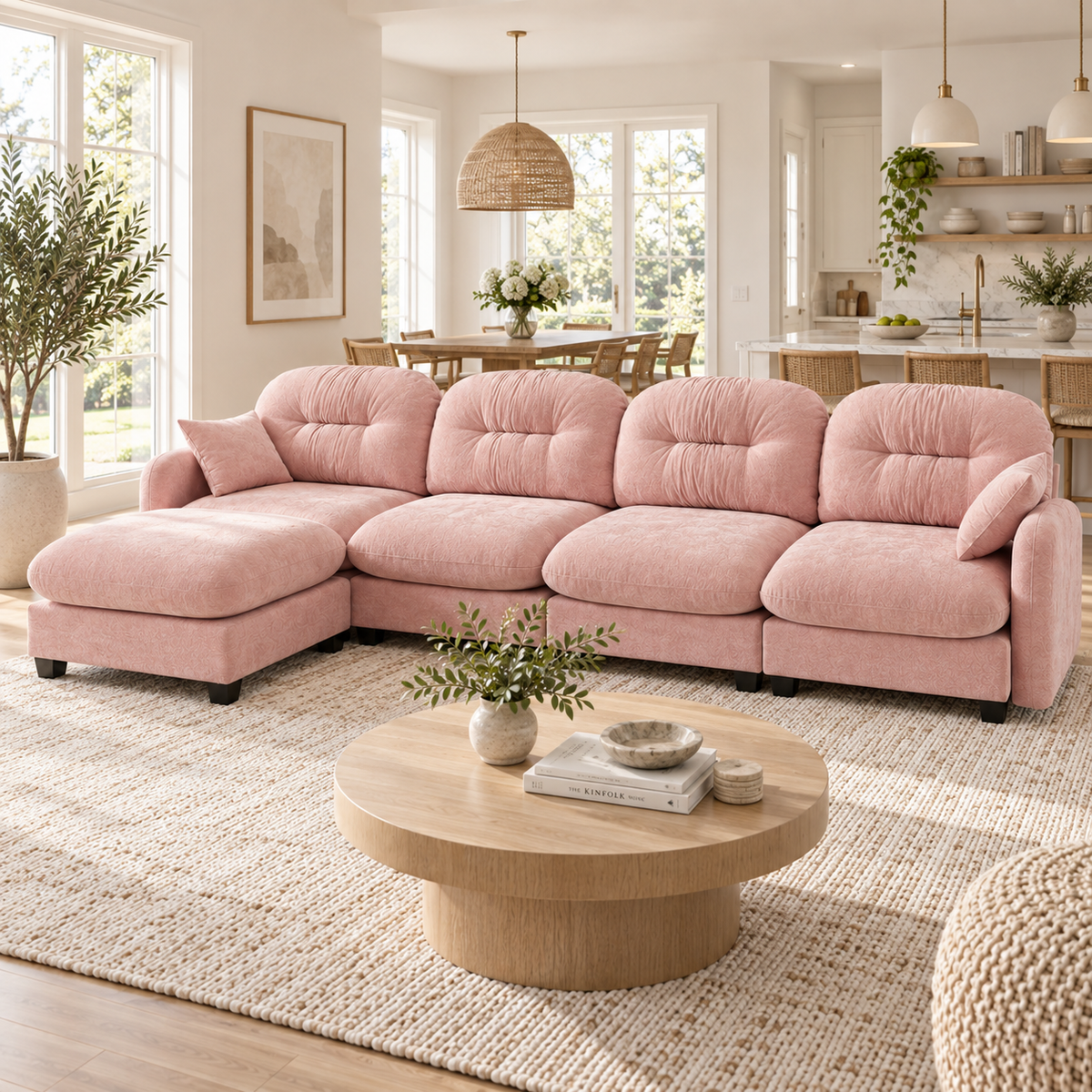 Roselyn 140" Modular Chenille Cloud L-Shaped Sectional Sofa with Ottoman