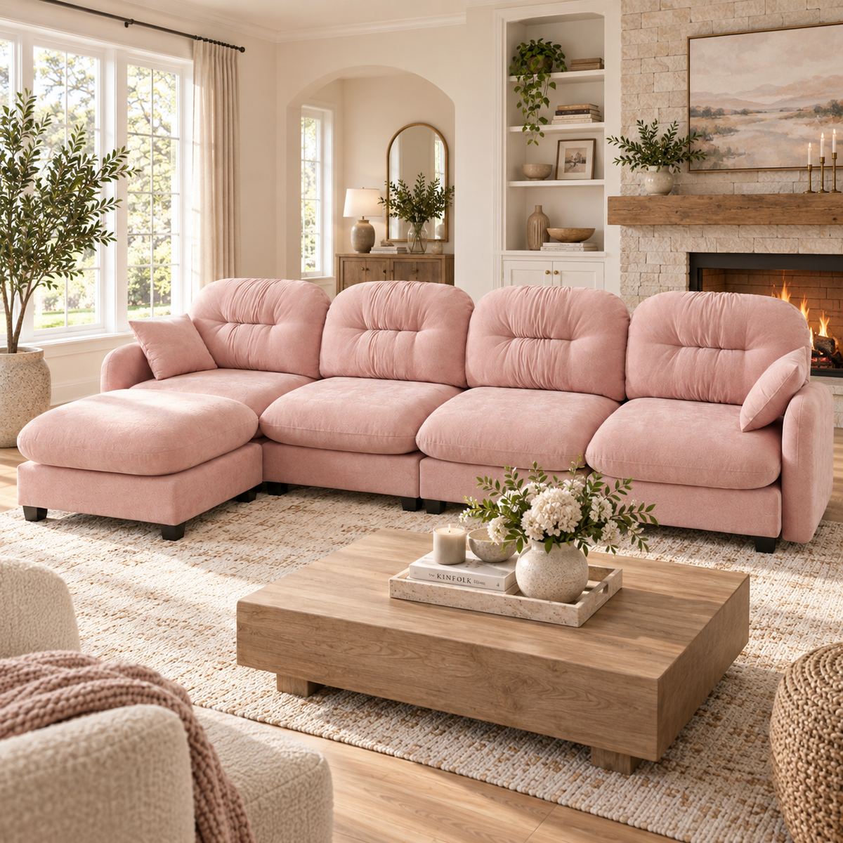 Roselyn 140" Modular Chenille Cloud L-Shaped Sectional Sofa with Ottoman