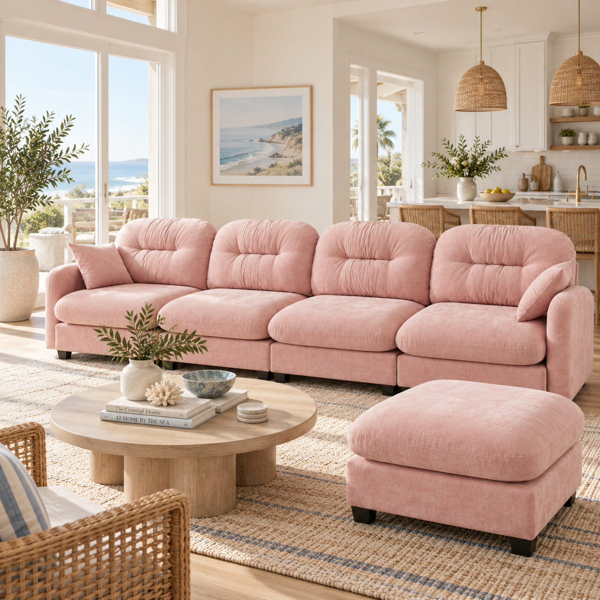 Roselyn 140" Modular Chenille Cloud L-Shaped Sectional Sofa with Ottoman