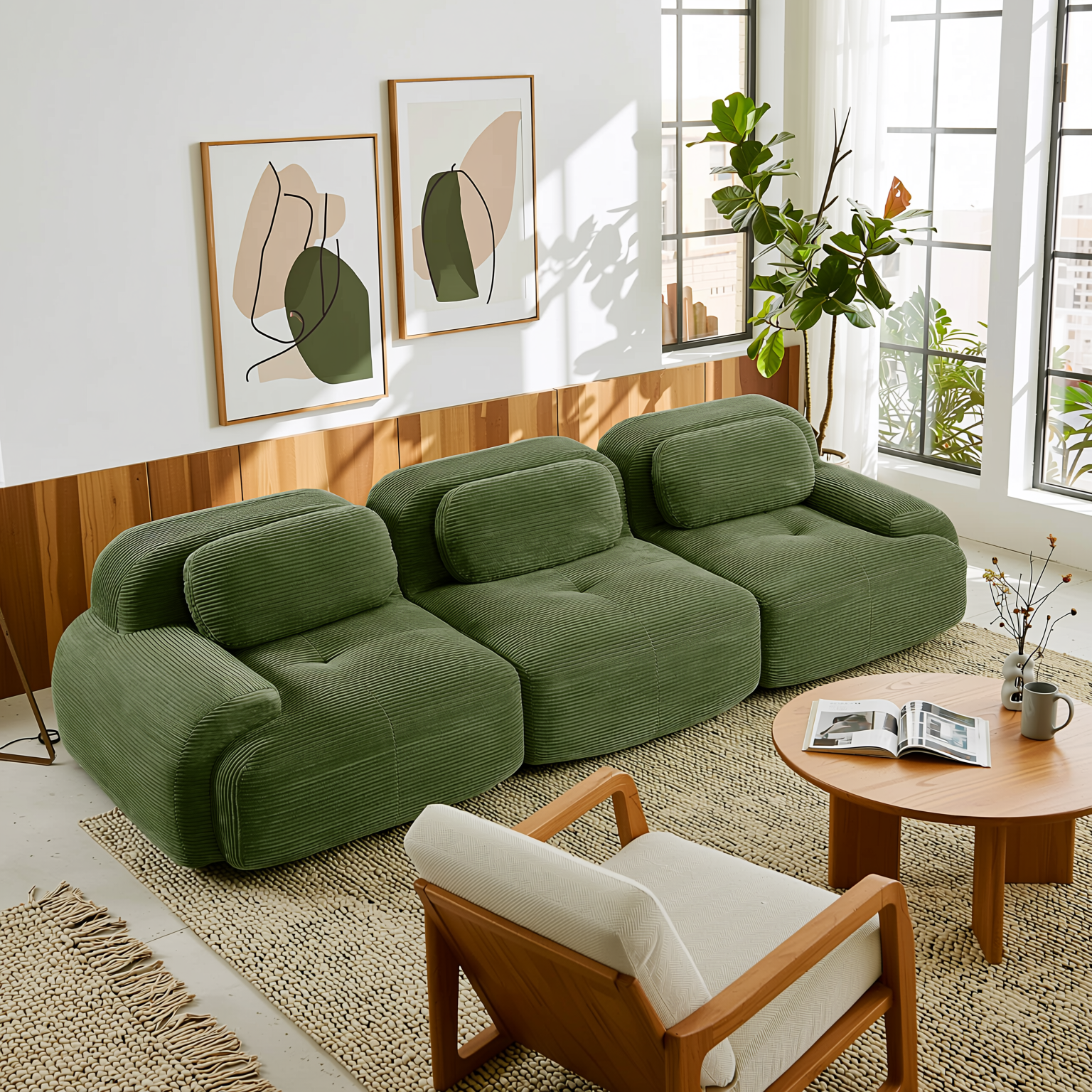 Anchorage 116" Modular Corduroy 3-Seater Sofa with Curved Armrest