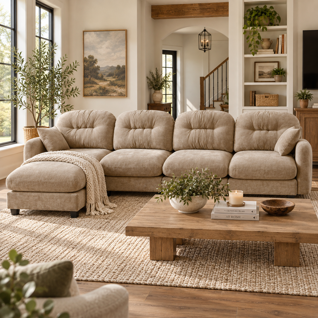 Roselyn 140" Modular Chenille Cloud L-Shaped Sectional Sofa with Ottoman
