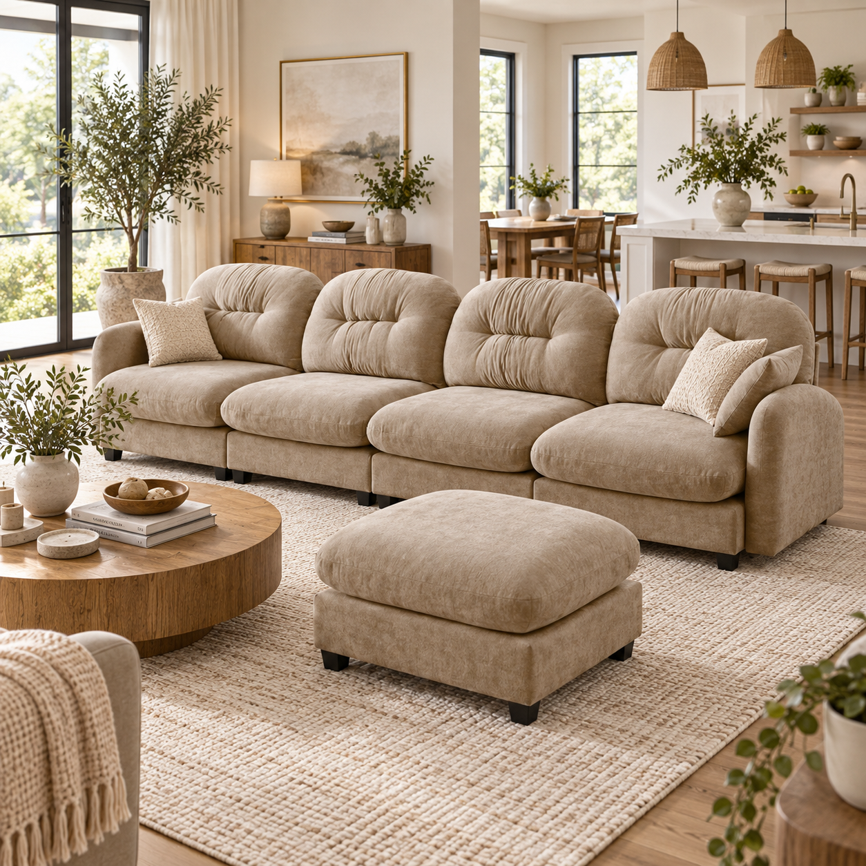 Roselyn 140" Modular Chenille Cloud L-Shaped Sectional Sofa with Ottoman