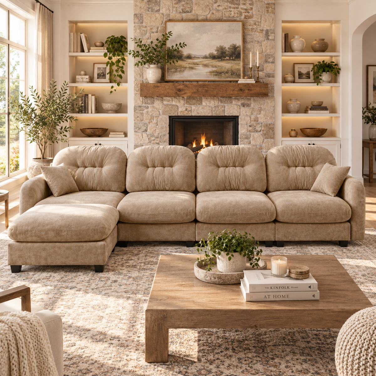Roselyn 140" Modular Chenille Cloud L-Shaped Sectional Sofa with Ottoman