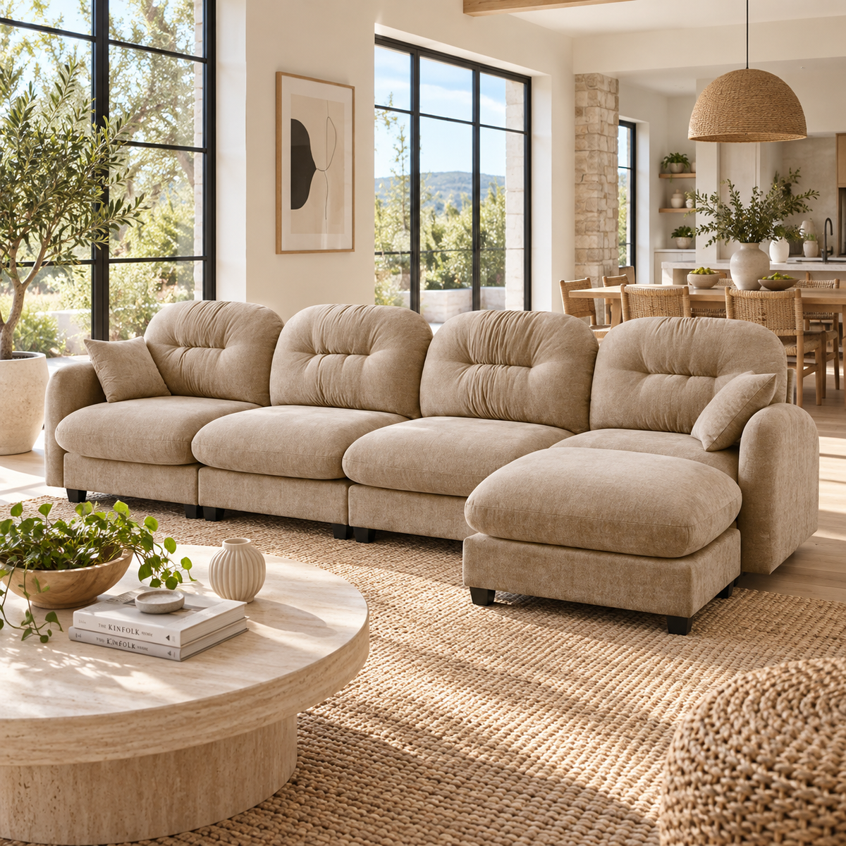 Roselyn 140" Modular Chenille Cloud L-Shaped Sectional Sofa with Ottoman