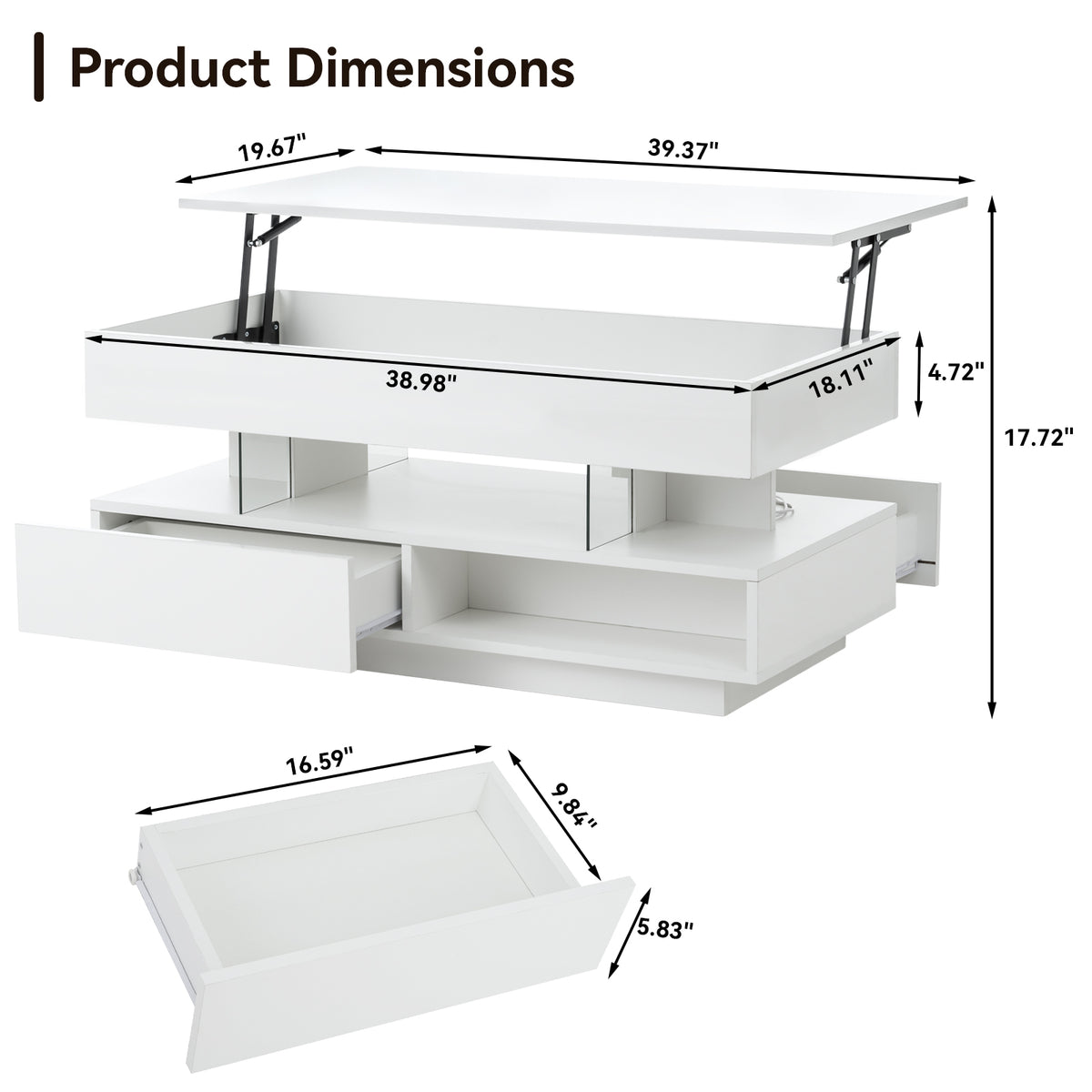 Aureon 39" Modern Lift Top Coffee Table with Storage and LED Lights