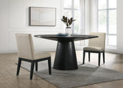 Black 3 Piece 59'W Contemporary Round Dining Table Set with Pedestal Base and Beige Fabric Chairs