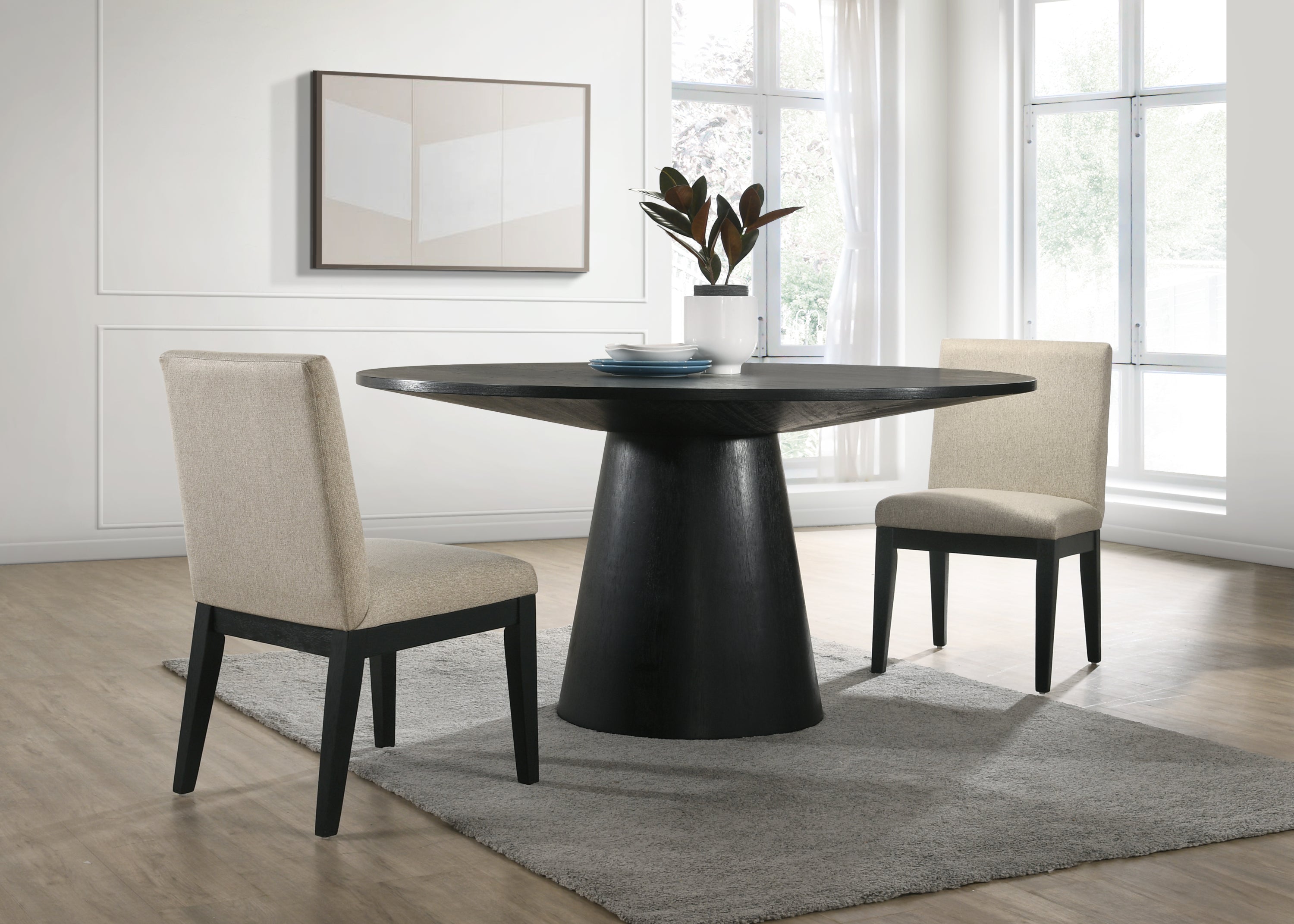 Black 3 Piece 59'W Contemporary Round Dining Table Set with Pedestal Base and Beige Fabric Chairs