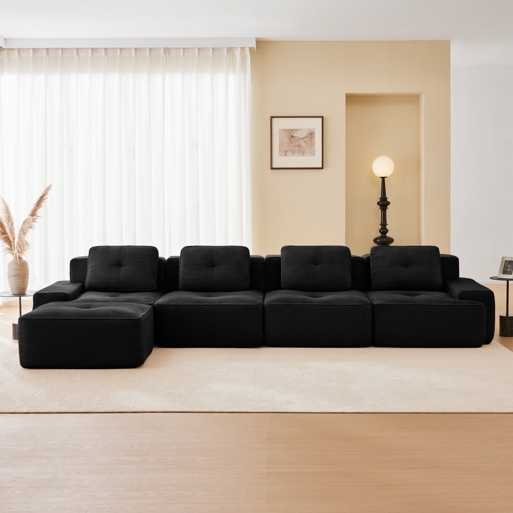 Racine 153" Modular Corduroy Fabric L-Shaped Sectional Sofa with Deep Seat and Movable Ottoman