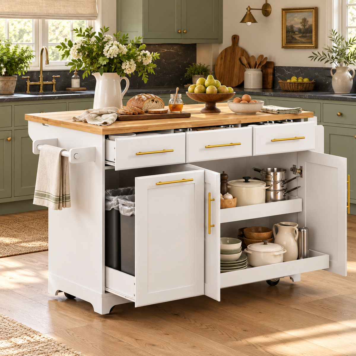 Honfleur 59" Rolling Kitchen Island with Pull-Out Cabinet and Drop Leaf