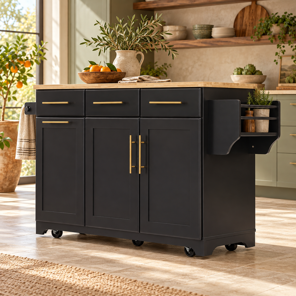 Honfleur 59" Rolling Kitchen Island with Pull-Out Cabinet and Drop Leaf