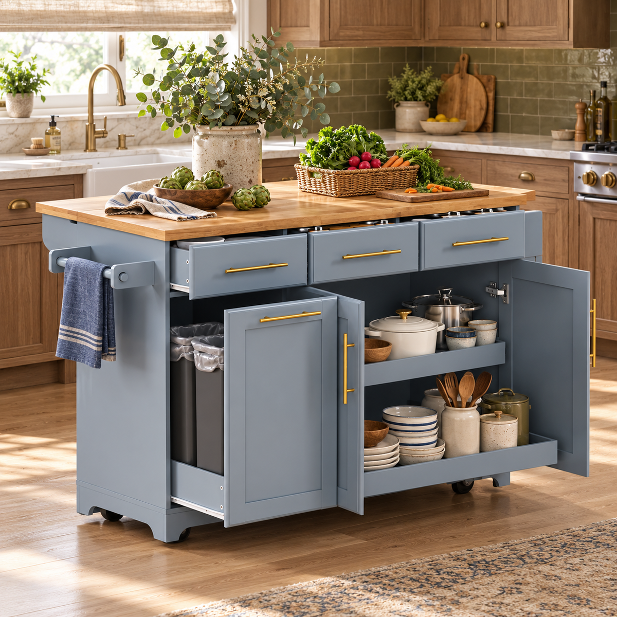 Honfleur 59" Rolling Kitchen Island with Pull-Out Cabinet and Drop Leaf
