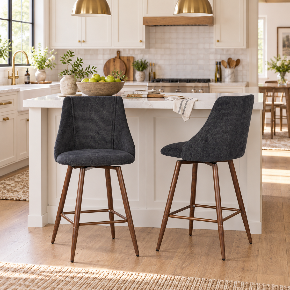Smeg 26" Upholstered Swivel Counter Stools with Walnut-Tone Metal Legs Set of 2