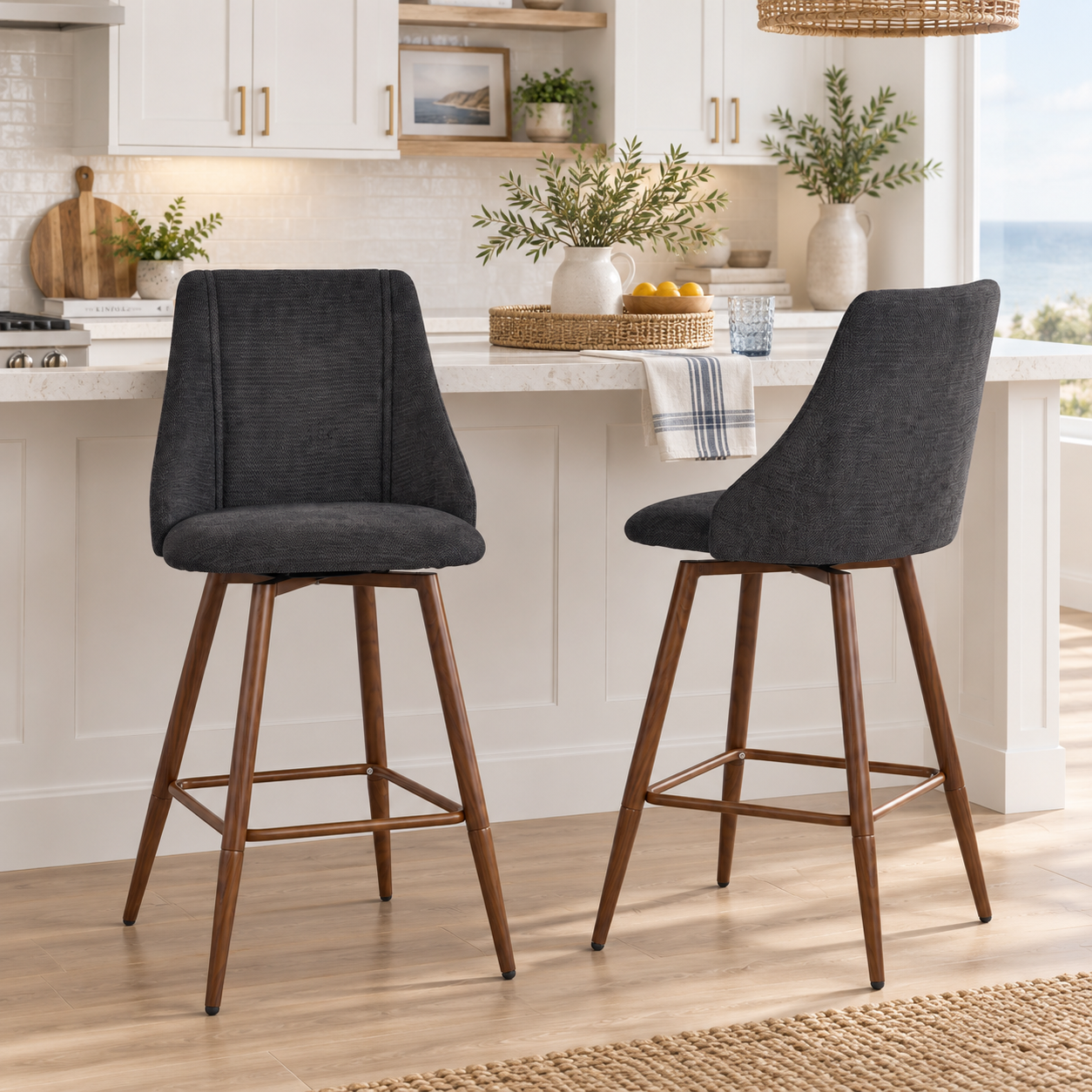 Smeg 26" Upholstered Swivel Counter Stools with Walnut-Tone Metal Legs Set of 2