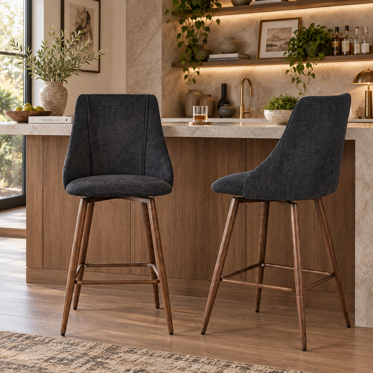 Smeg 26" Upholstered Swivel Counter Stools with Walnut-Tone Metal Legs Set of 2