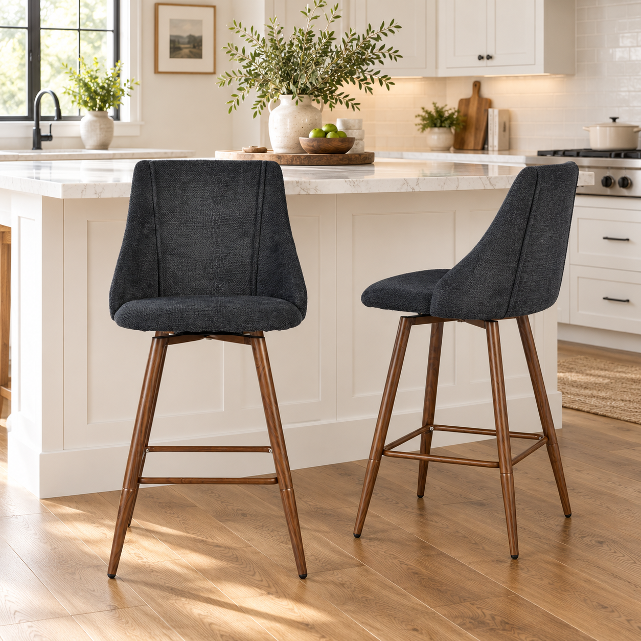 Smeg 26" Upholstered Swivel Counter Stools with Walnut-Tone Metal Legs Set of 2