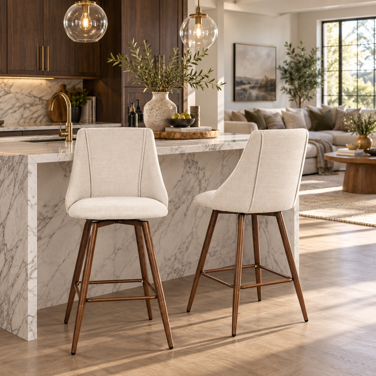 Smeg 26" Upholstered Swivel Counter Stools with Walnut-Tone Metal Legs Set of 2