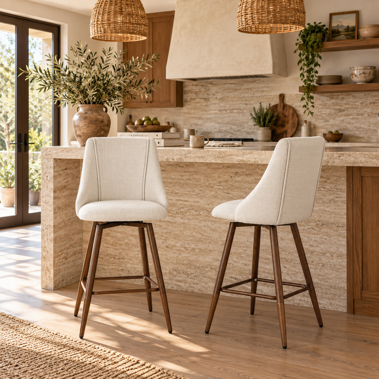 Smeg 26" Upholstered Swivel Counter Stools with Walnut-Tone Metal Legs Set of 2