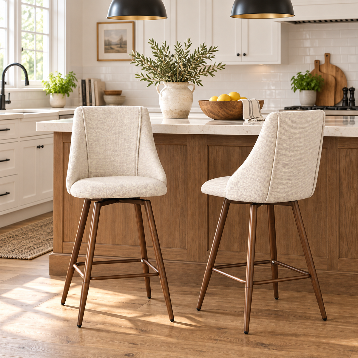 Smeg 26" Upholstered Swivel Counter Stools with Walnut-Tone Metal Legs Set of 2