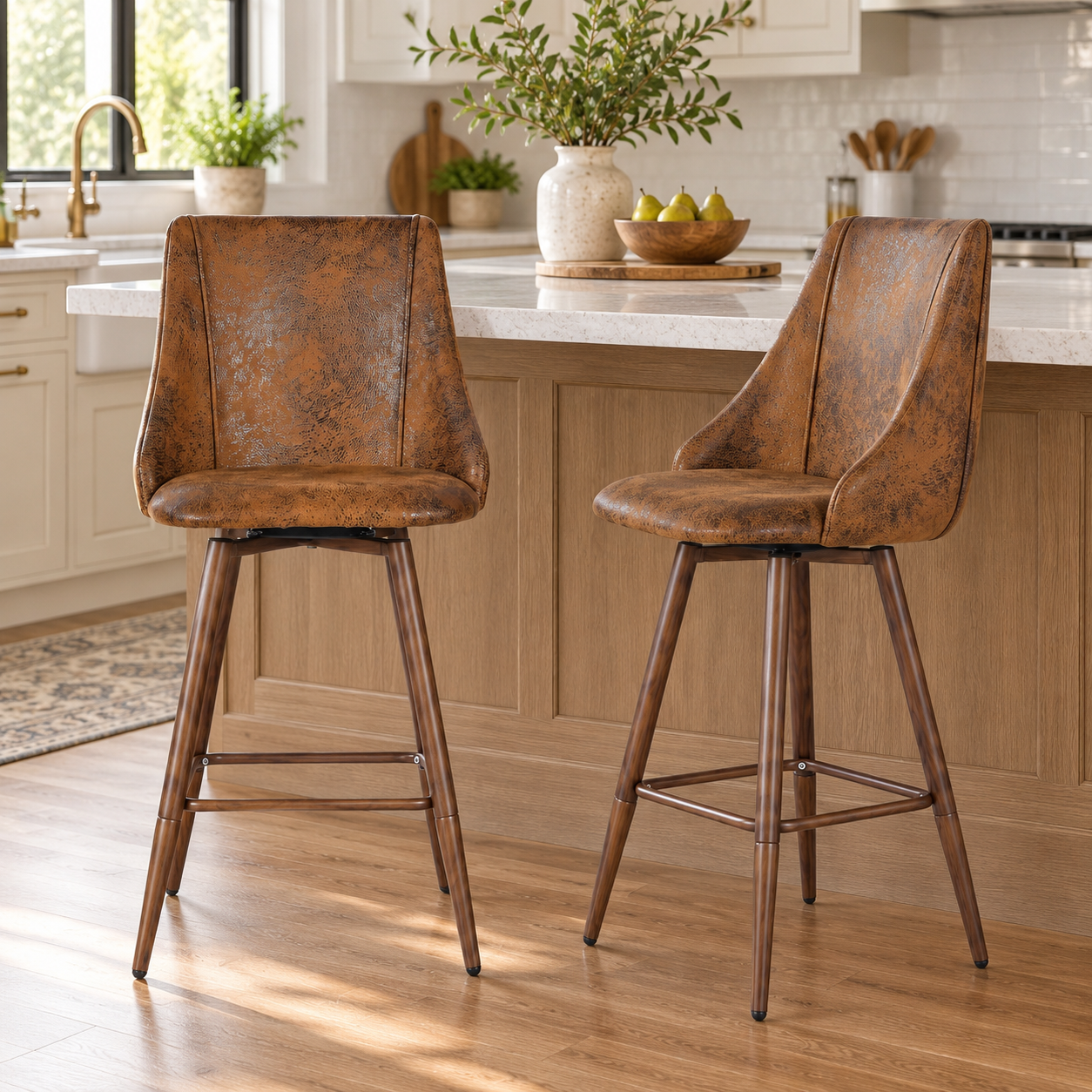 Smeg 26" Upholstered Swivel Counter Stools with Walnut-Tone Metal Legs Set of 2