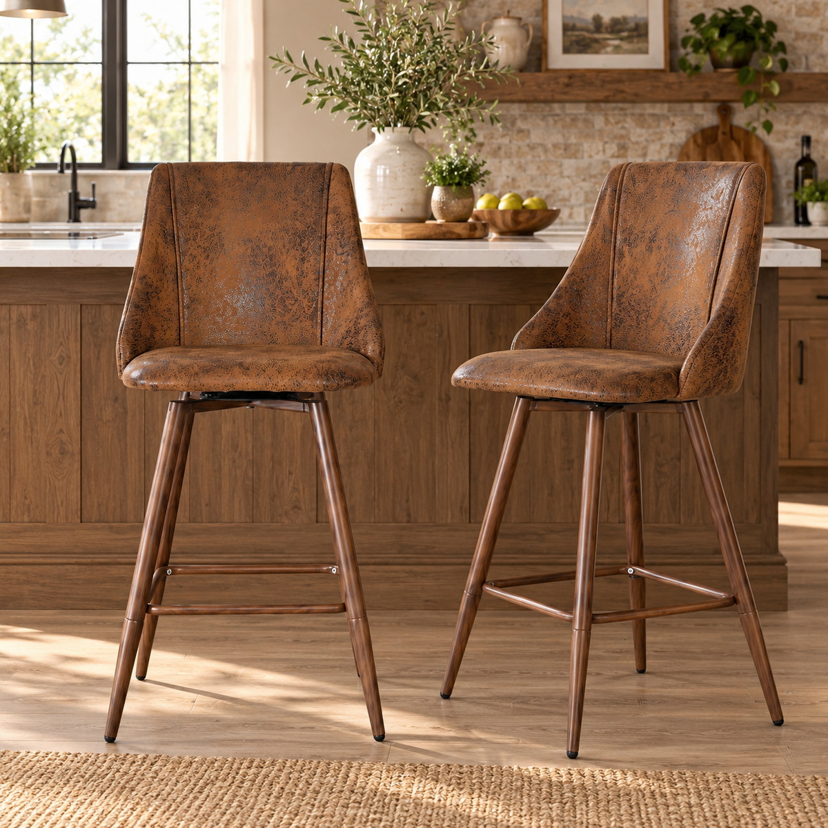 Smeg 26" Upholstered Swivel Counter Stools with Walnut-Tone Metal Legs Set of 2