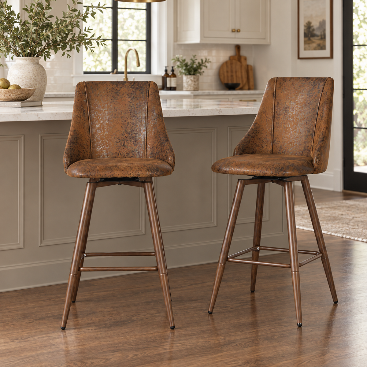 Smeg 26" Upholstered Swivel Counter Stools with Walnut-Tone Metal Legs Set of 2