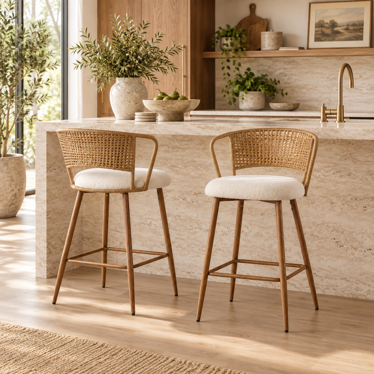 Adige 27" Woven Rattan Back Counter Height Bar Stools with Teddy Seat Set of 2