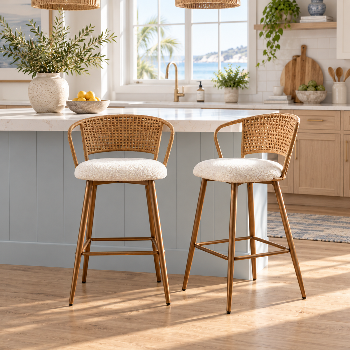 Adige 27" Woven Rattan Back Counter Height Bar Stools with Teddy Seat Set of 2