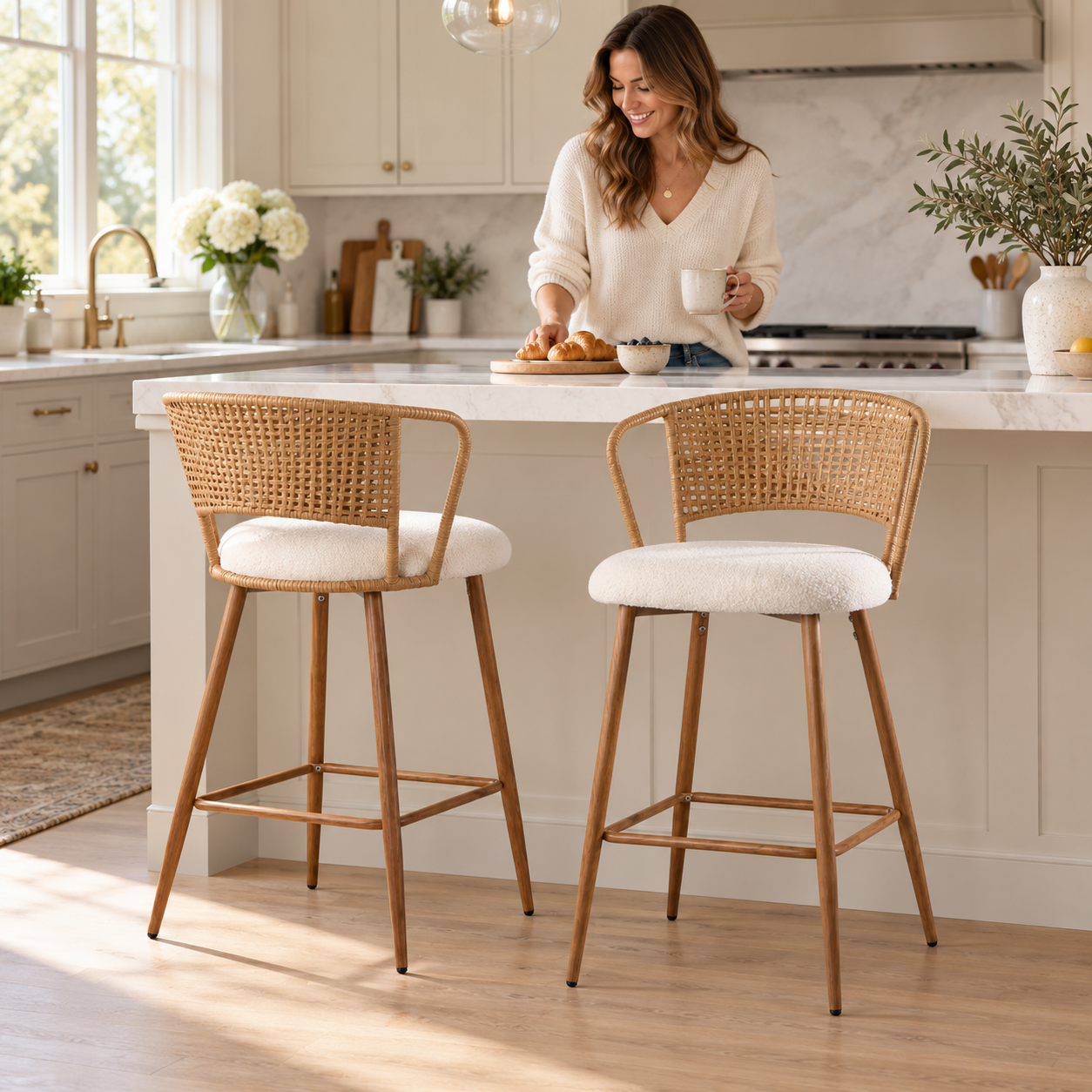 Adige 27" Woven Rattan Back Counter Height Bar Stools with Teddy Seat Set of 2