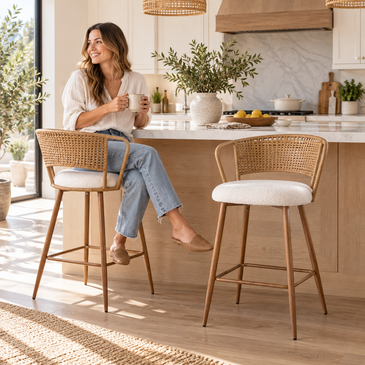 Adige 27" Woven Rattan Back Counter Height Bar Stools with Teddy Seat Set of 2