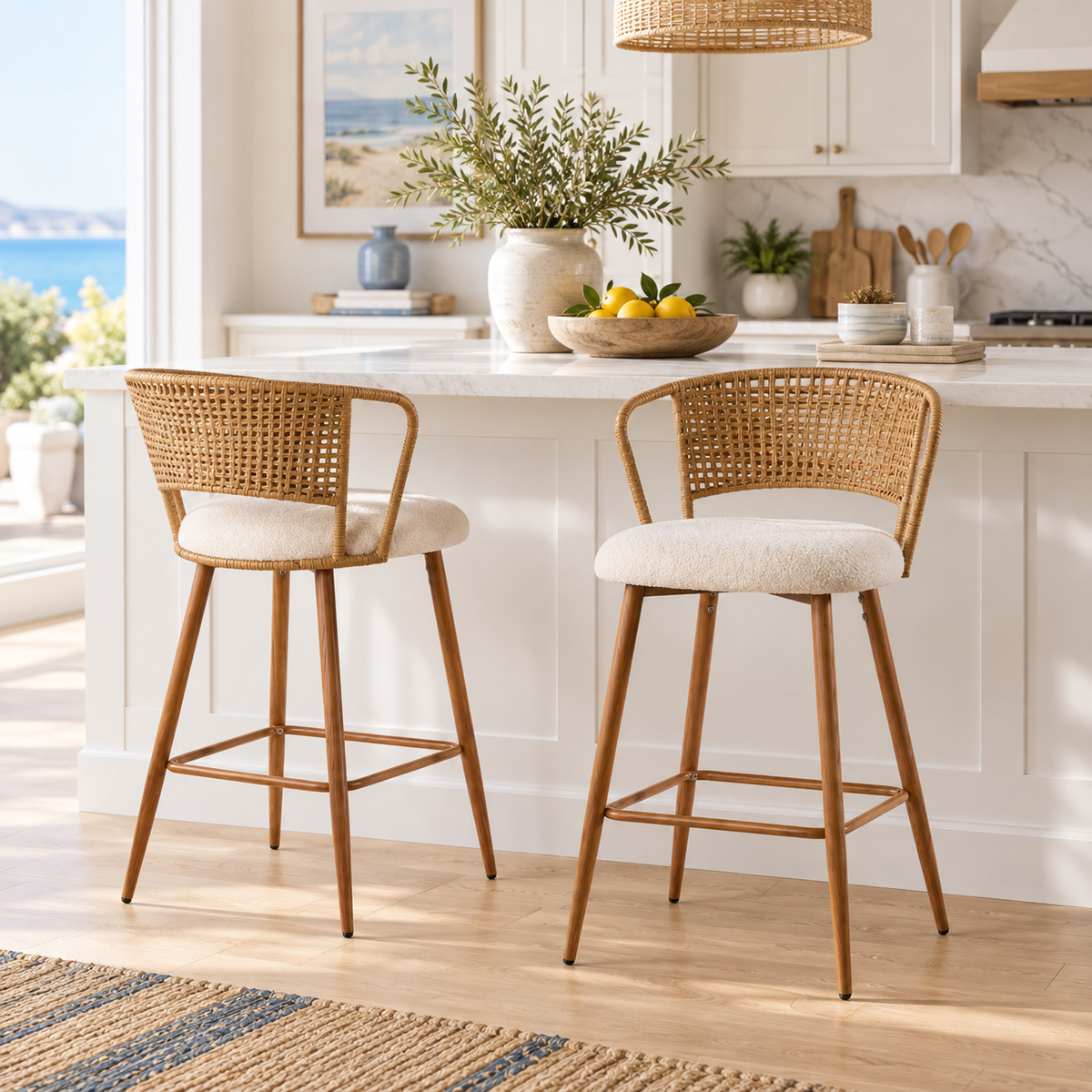 Adige 27" Woven Rattan Back Counter Height Bar Stools with Teddy Seat Set of 2