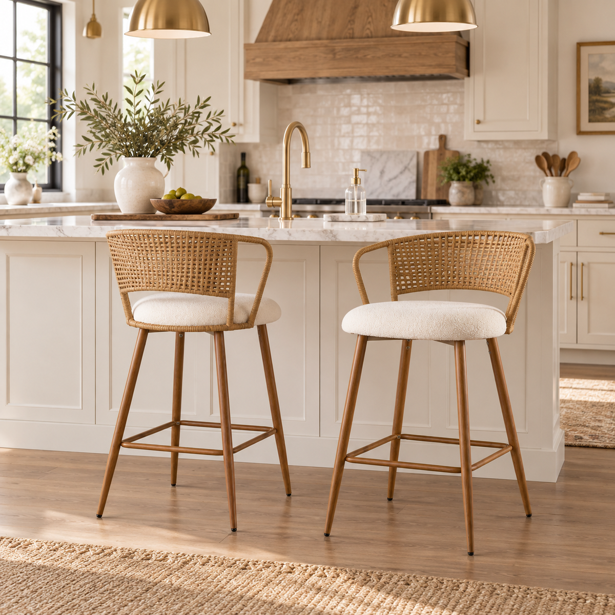 Adige 27" Woven Rattan Back Counter Height Bar Stools with Teddy Seat Set of 2