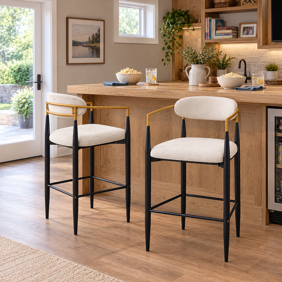 Bandol 30" Linen-Look Bar Height Stools with Arms and Leveling Feet Set of 2