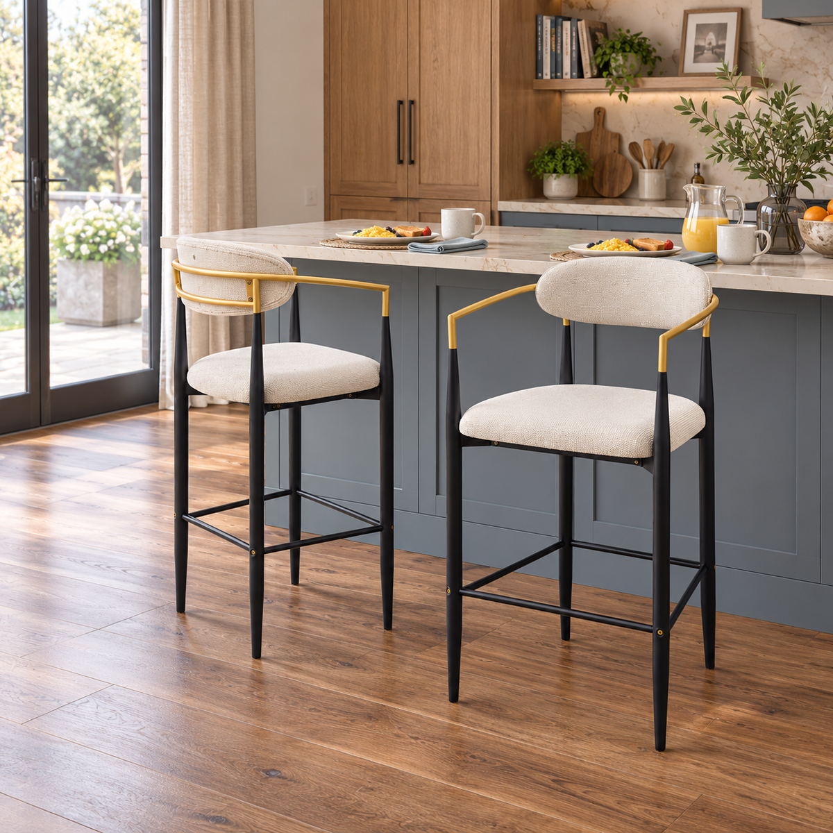 Bandol 30" Linen-Look Bar Height Stools with Arms and Leveling Feet Set of 2