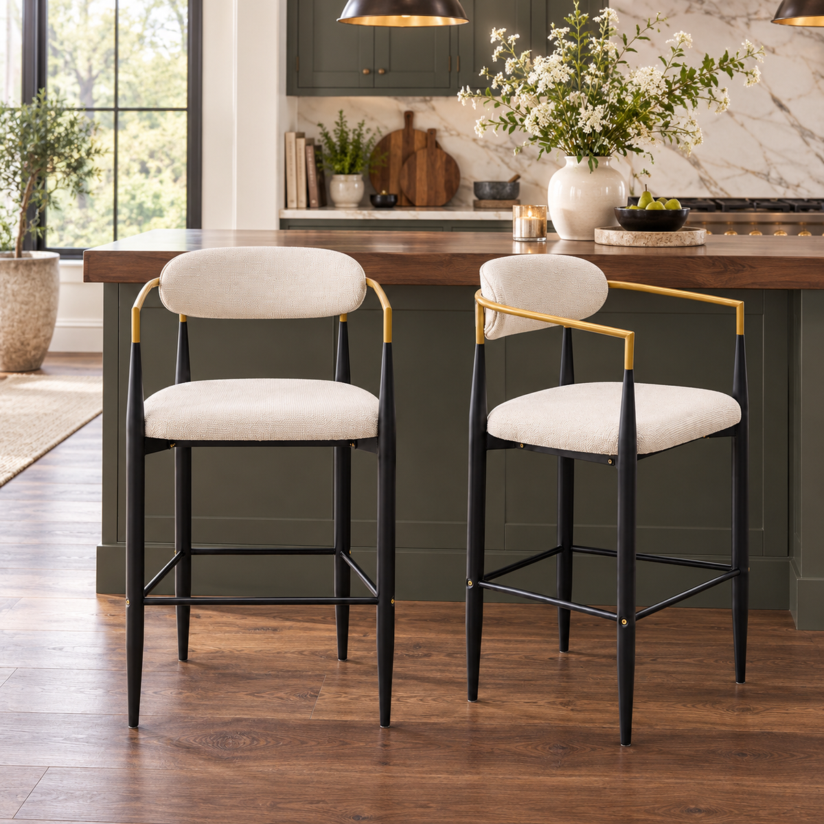 Bandol 30" Linen-Look Bar Height Stools with Arms and Leveling Feet Set of 2