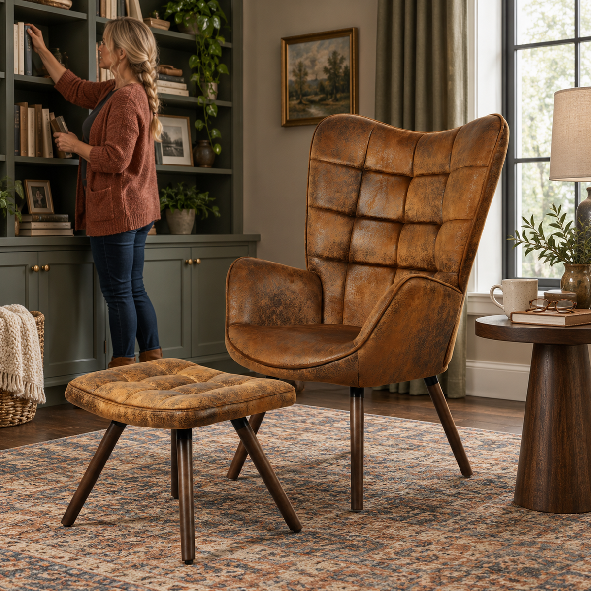 Harison Upholstered Wingback Accent Chair with Ottoman and Solid Beech Wood Legs