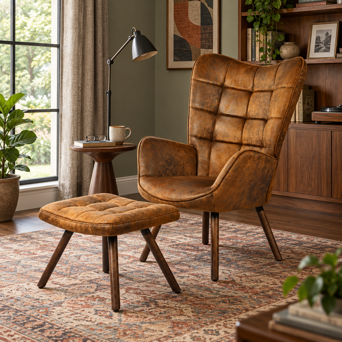 Harison Upholstered Wingback Accent Chair with Ottoman and Solid Beech Wood Legs