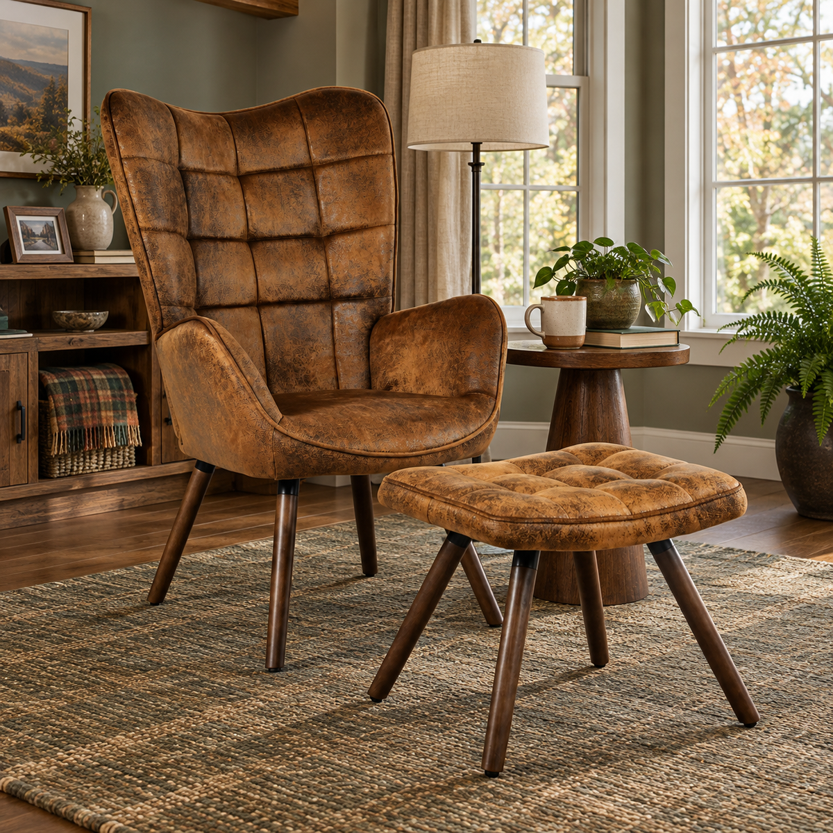 Harison Upholstered Wingback Accent Chair with Ottoman and Solid Beech Wood Legs