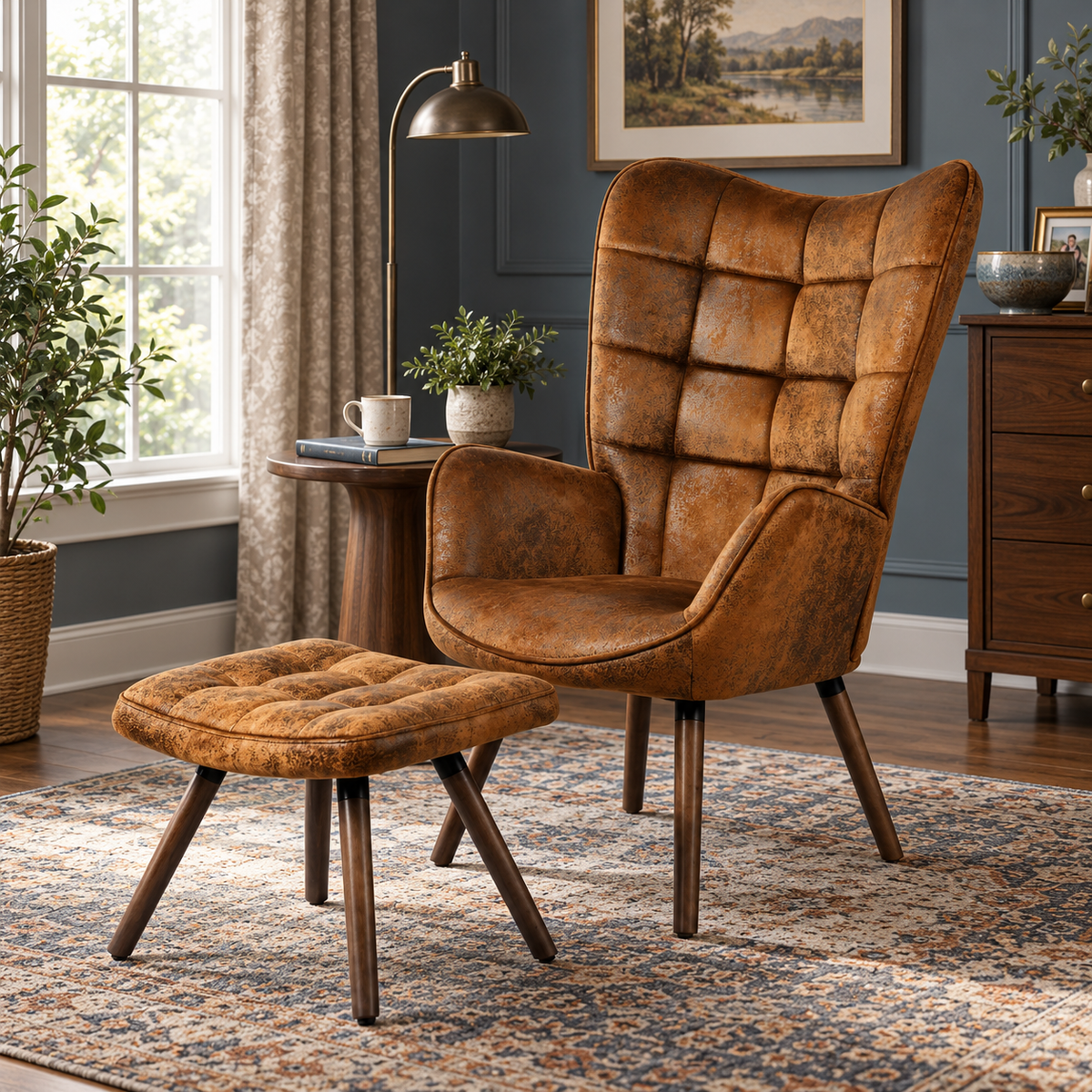 Harison Upholstered Wingback Accent Chair with Ottoman and Solid Beech Wood Legs