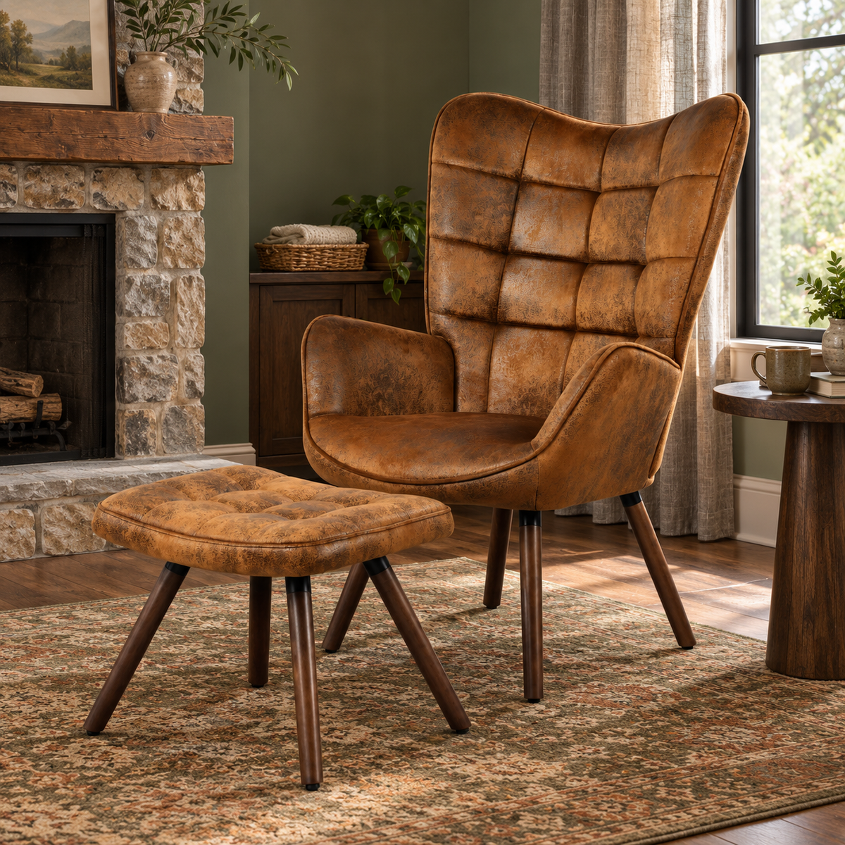 Harison Upholstered Wingback Accent Chair with Ottoman and Solid Beech Wood Legs