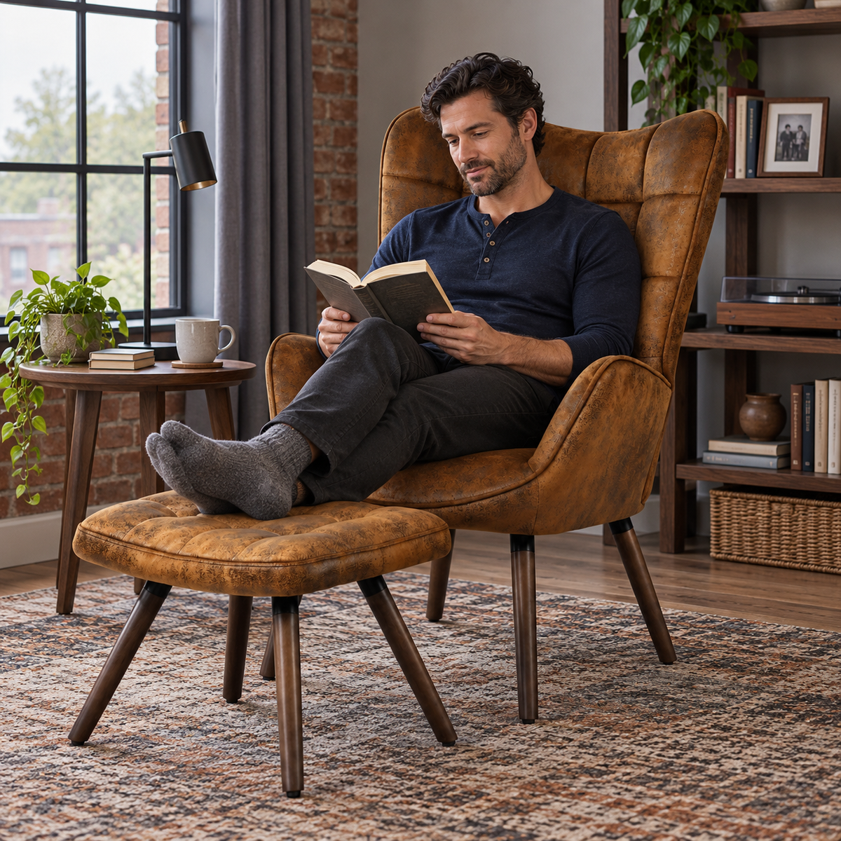 Harison Upholstered Wingback Accent Chair with Ottoman and Solid Beech Wood Legs