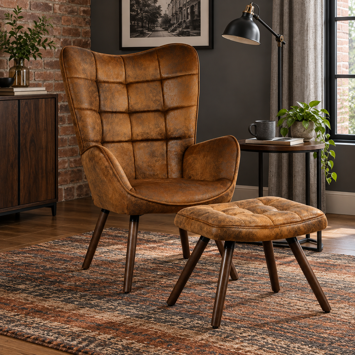 Harison Upholstered Wingback Accent Chair with Ottoman and Solid Beech Wood Legs