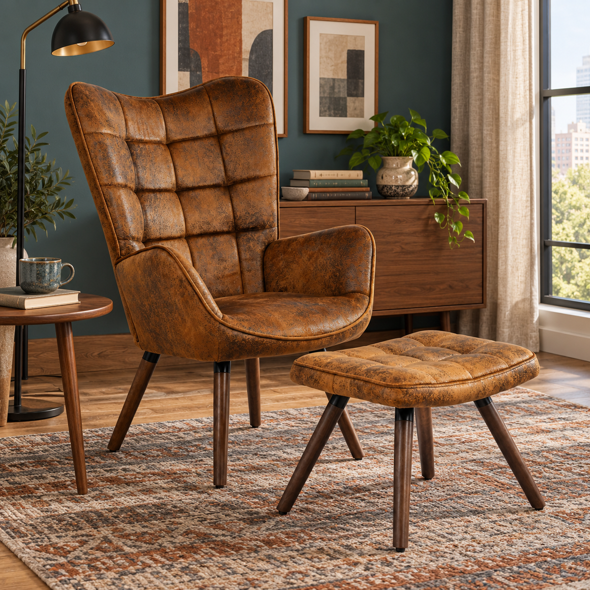 Harison Upholstered Wingback Accent Chair with Ottoman and Solid Beech Wood Legs