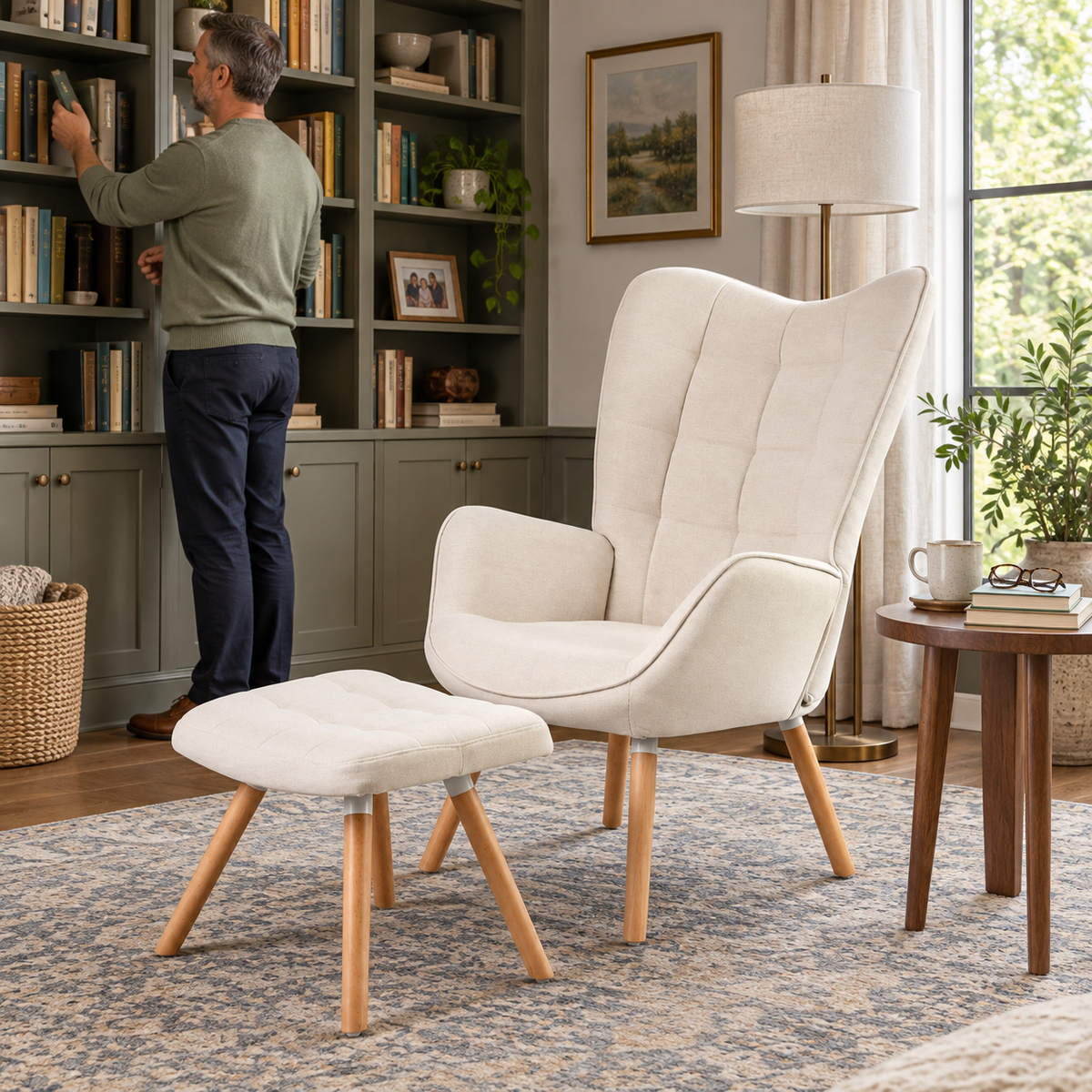 Harison Upholstered Wingback Accent Chair with Ottoman and Solid Beech Wood Legs