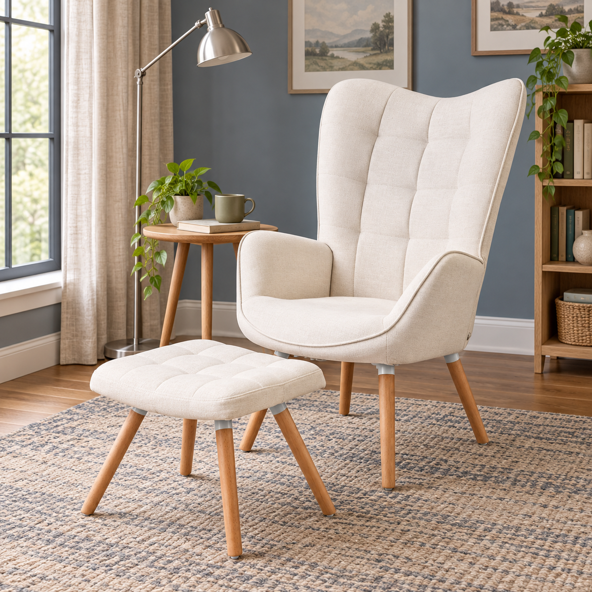 Harison Upholstered Wingback Accent Chair with Ottoman and Solid Beech Wood Legs