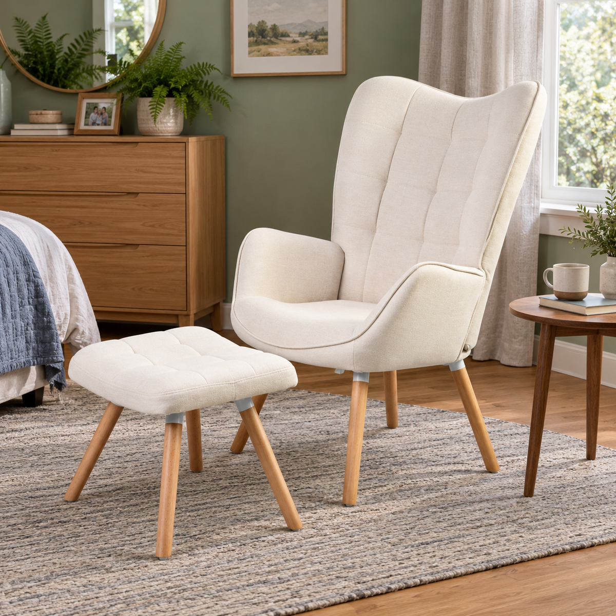 Harison Upholstered Wingback Accent Chair with Ottoman and Solid Beech Wood Legs