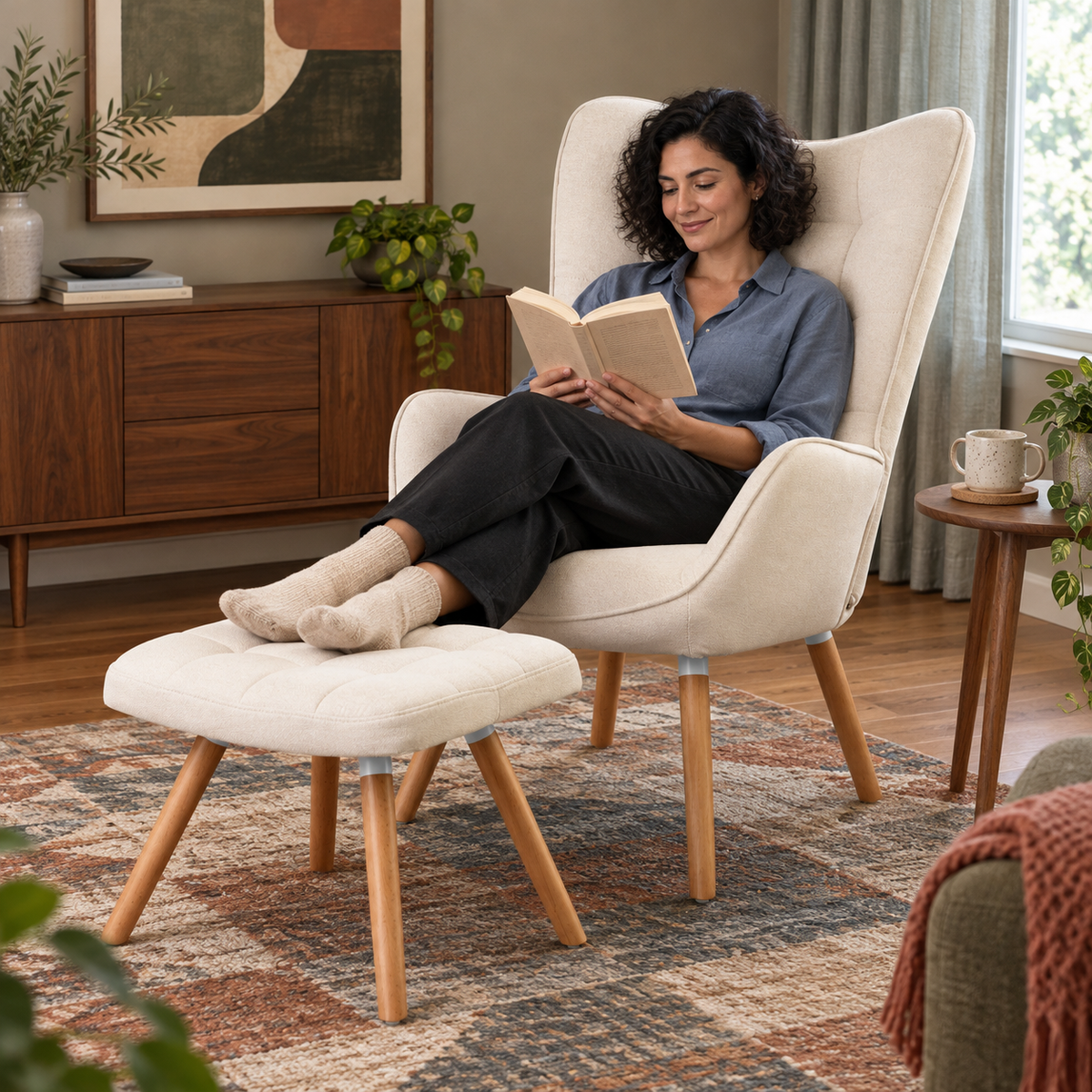 Harison Upholstered Wingback Accent Chair with Ottoman and Solid Beech Wood Legs