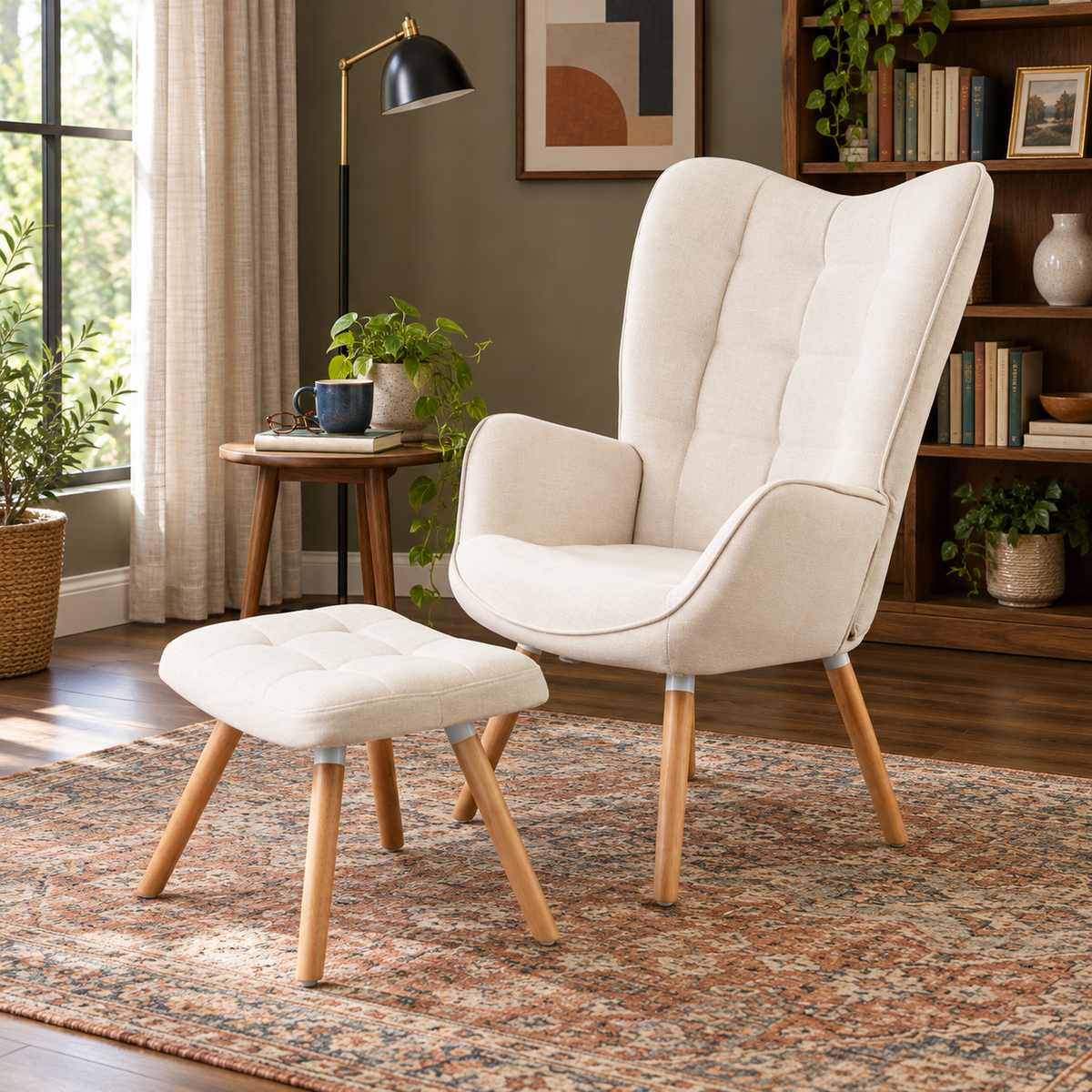 Harison Upholstered Wingback Accent Chair with Ottoman and Solid Beech Wood Legs