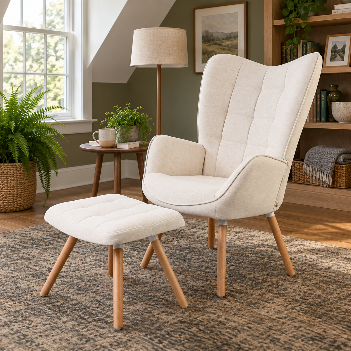Harison Upholstered Wingback Accent Chair with Ottoman and Solid Beech Wood Legs